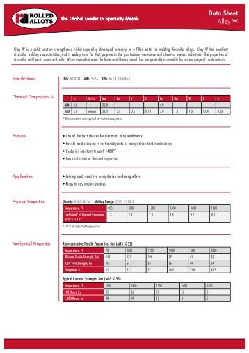 W Data Sheet - Rolled Alloys