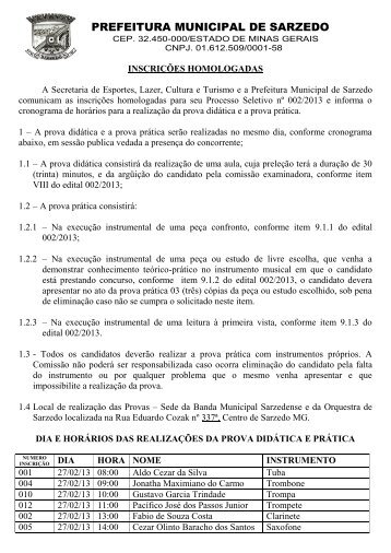 InscriÃ§Ãµes Homologadas - Prefeitura Municipal de Sarzedo