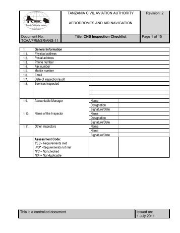 CNS Inspection Checklist - Tanzania Civil Aviation Authority