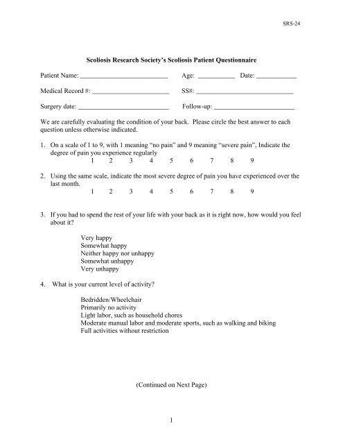 SRS 24 Patient Questionnaire - Scoliosis Research Society