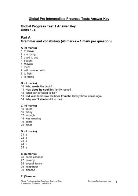 Global Progress Test 1 Answer Key