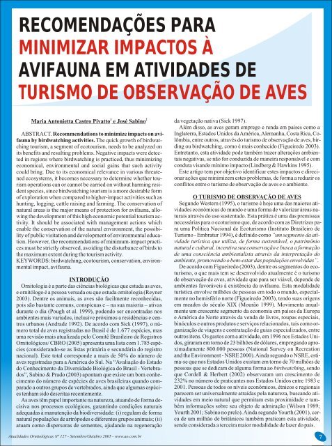 Recomendações para minimizar impactos à avifauna em atividades ...