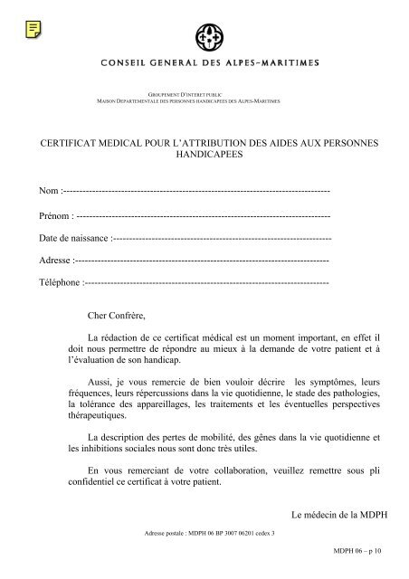 certificat medical pour l'attribution des aides aux