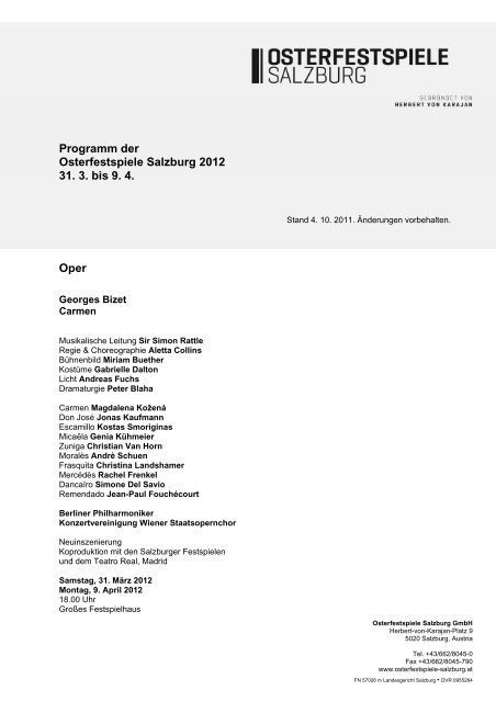 Oper Programm der Osterfestspiele Salzburg 2012 31. 3. bis 9. 4.
