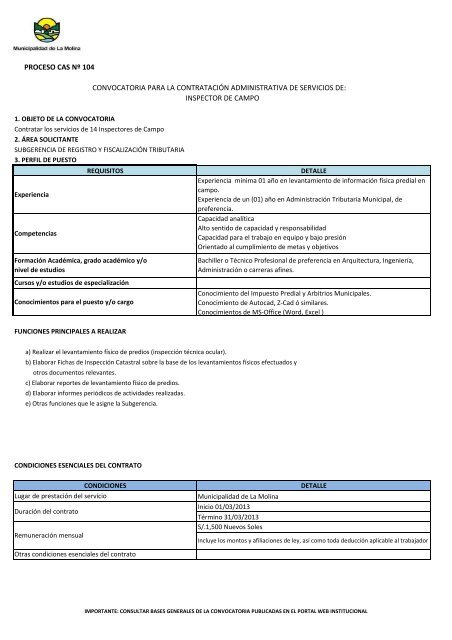 CONVOCATORIA CAS NÂº 004-2013 - Municipalidad de La Molina