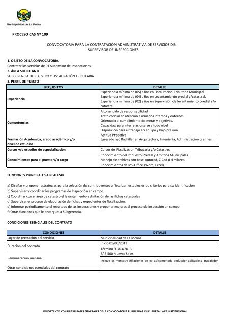 CONVOCATORIA CAS NÂº 004-2013 - Municipalidad de La Molina