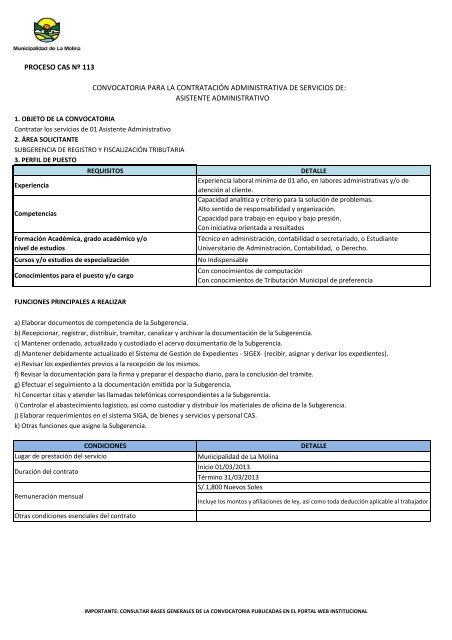 CONVOCATORIA CAS NÂº 004-2013 - Municipalidad de La Molina