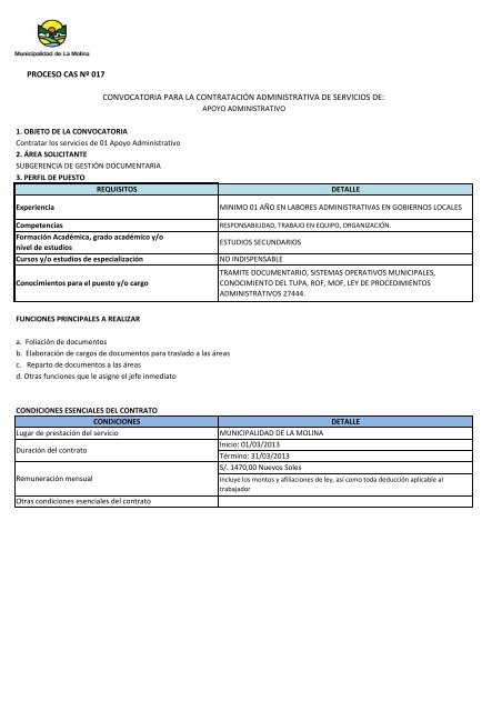 CONVOCATORIA CAS NÂº 004-2013 - Municipalidad de La Molina