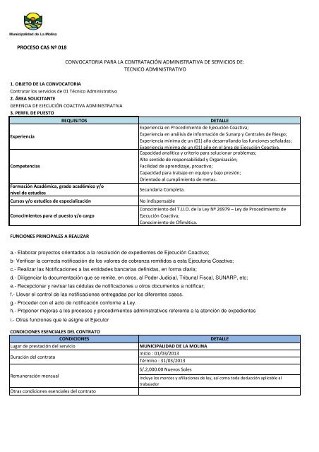 CONVOCATORIA CAS NÂº 004-2013 - Municipalidad de La Molina