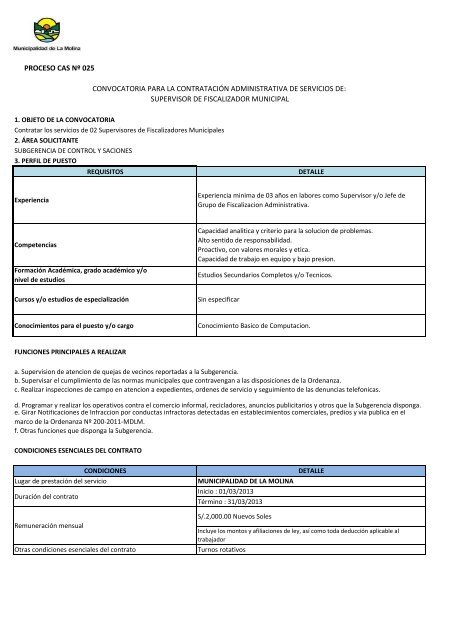 CONVOCATORIA CAS NÂº 004-2013 - Municipalidad de La Molina