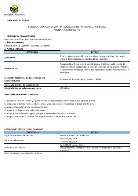 CONVOCATORIA CAS NÂº 004-2013 - Municipalidad de La Molina