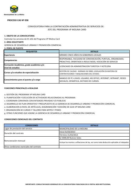 CONVOCATORIA CAS NÂº 004-2013 - Municipalidad de La Molina