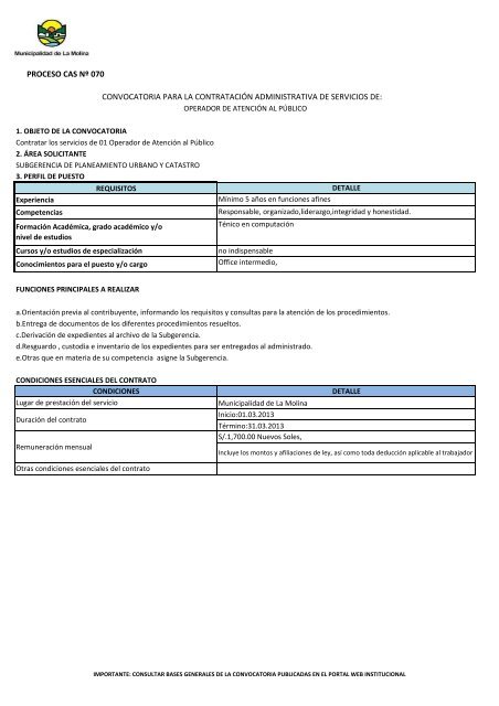 CONVOCATORIA CAS NÂº 004-2013 - Municipalidad de La Molina