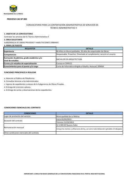 CONVOCATORIA CAS NÂº 004-2013 - Municipalidad de La Molina