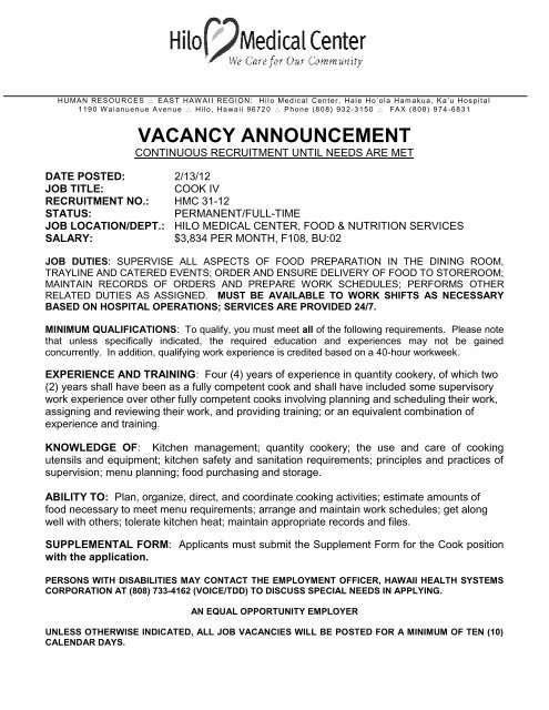 vacancy announcement - Kula Hospital - Hawaii Health Systems ...