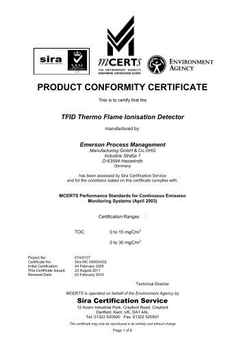 Product Conformity Certificate Sira Environmental