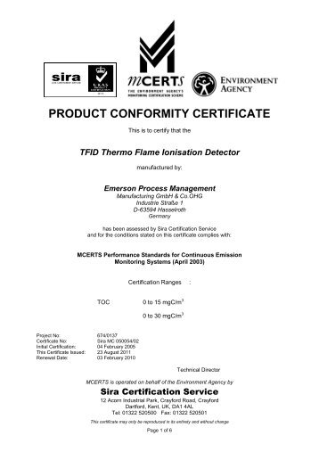 PRODUCT CONFORMITY CERTIFICATE - Sira Environmental