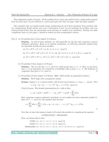 Math 223, Spring 2013 Homework 4 â Solutions Due: Wednesday ...