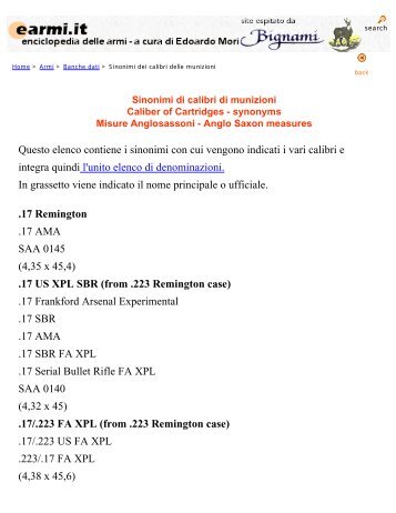 from .25 Remington case - Enciclopedia delle Armi di Edoardo Mori