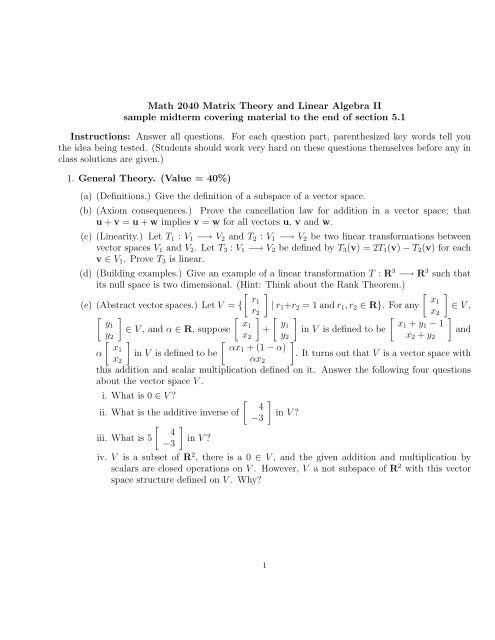 Math 2040 Matrix Theory and Linear Algebra II sample midterm ...