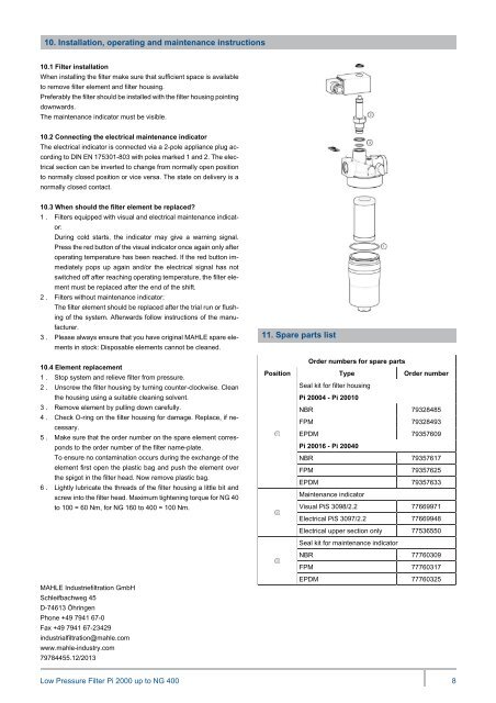 Low Pressure Filter Pi 2000 - MAHLE Industry - Filtration