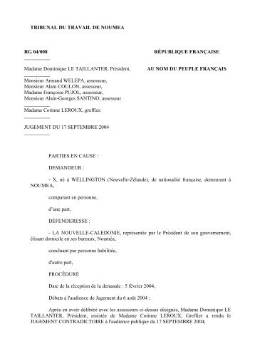 TRIBUNAL DU TRAVAIL DE NOUMEA RG 04/008 RÃPUBLIQUE ...