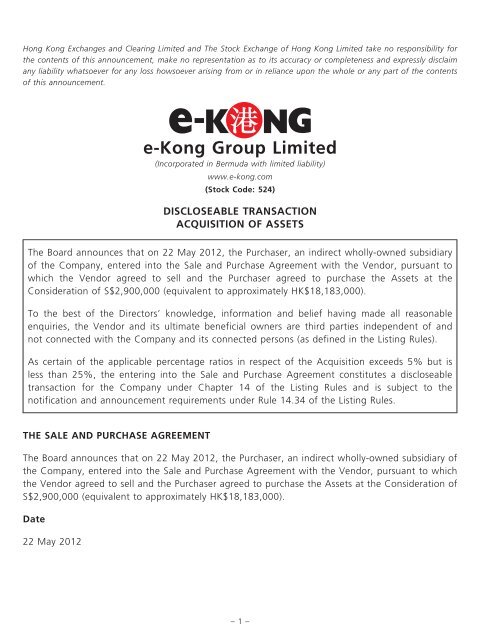 Discloseable Transaction In Respect Of Acquisition Of Assets