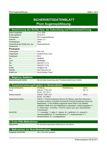 SICHERHEITSDATENBLATT Plum Augenspüllösung