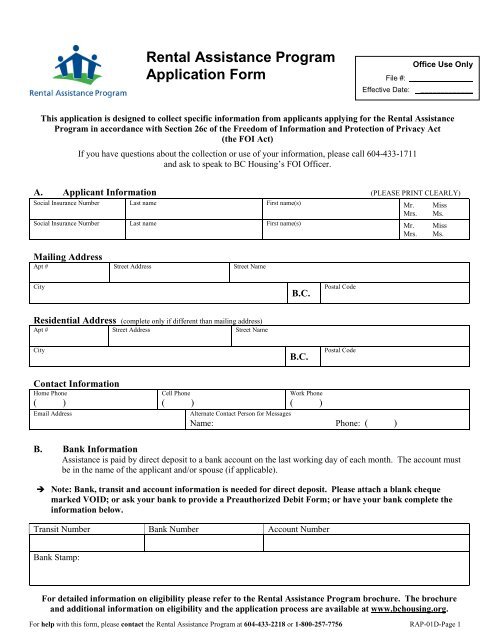 Rental Assistance Program application form. - BC Housing