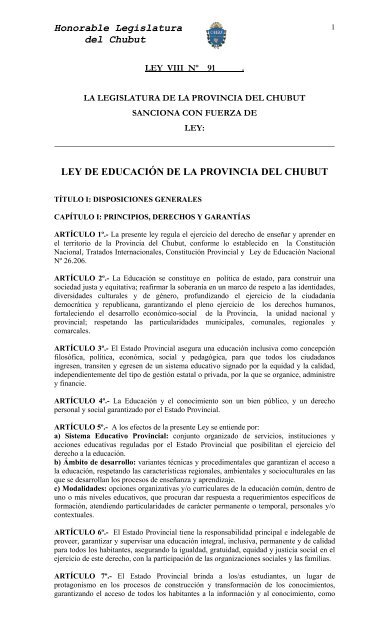 Ley de EducaciÃ³n de la provincia de Chubut - Biblioteca Nacional ...