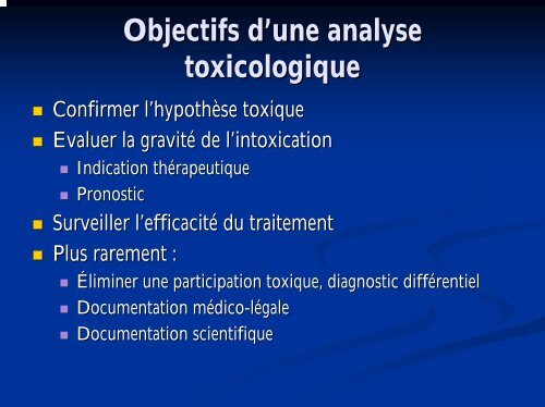 Indication des analyses toxicologiques