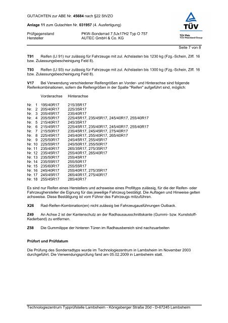 Gutachten zur ABE O 757 - AUTEC GmbH & Co. KG