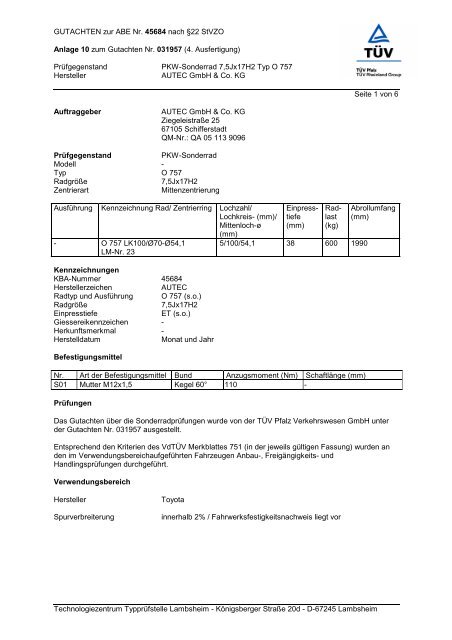 Gutachten zur ABE O 757 - AUTEC GmbH & Co. KG