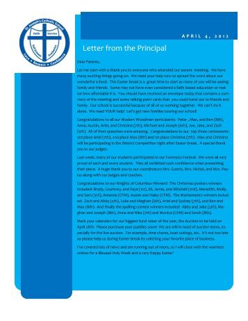 Letter from the Principal - St. Joseph Catholic Faith Community