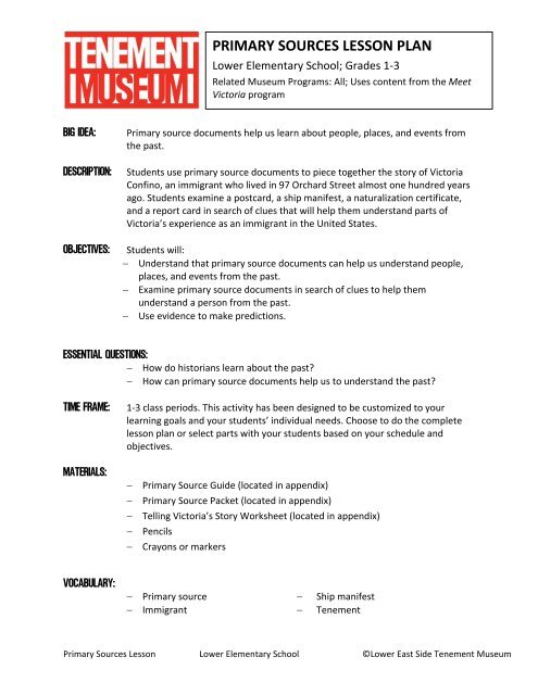 primary sources lesson plan - Lower East Side Tenement Museum