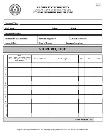 Refreshement & Store Request Form - Virginia State University