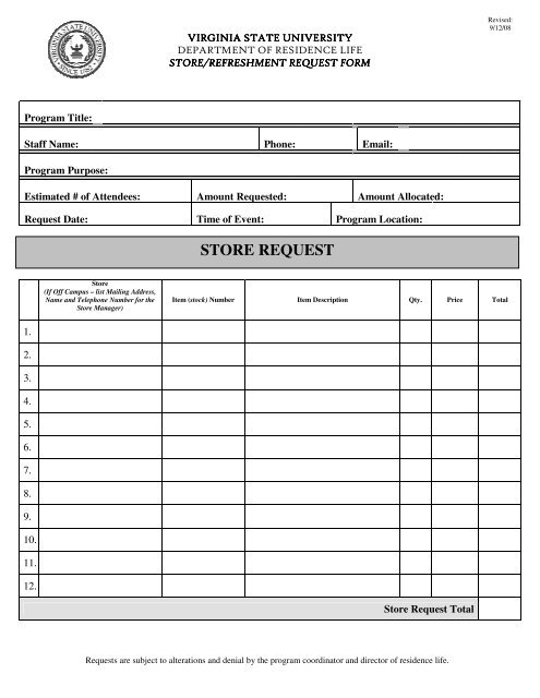 Refreshement & Store Request Form - Virginia State University