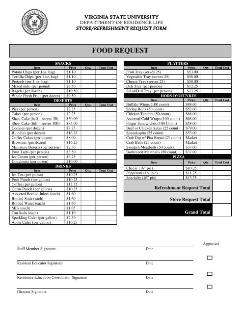 Refreshement & Store Request Form - Virginia State University