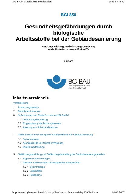 Gesundheitsgefährdungen durch biologische Arbeitsstoffe - KSP-BAU