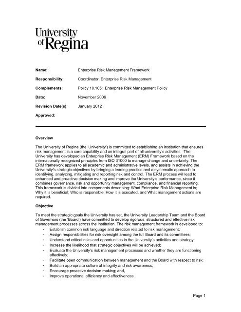 Name: Enterprise Risk Management Framework - University of Regina