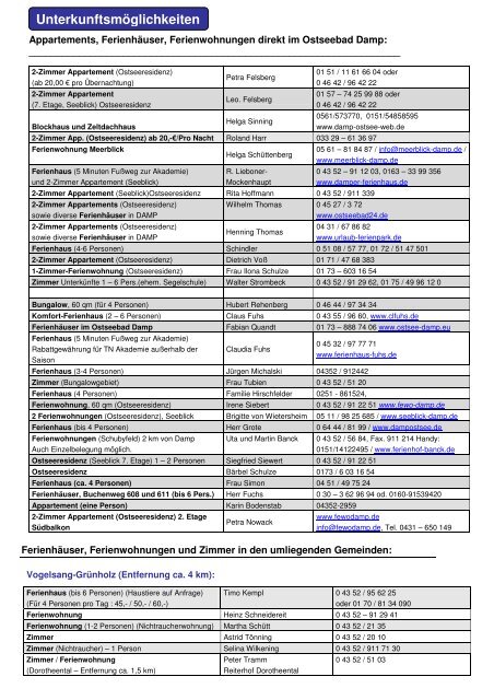 Unterkunftsverzeichnis 2012 Ostseebad Damp - Akademie Damp