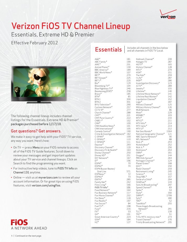 VERIZON FiOS CHANNEL LINEUP