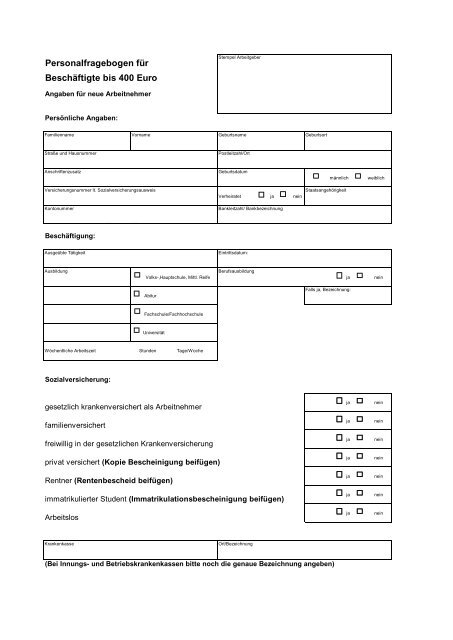 Personalfragebogen fÃ¼r BeschÃ¤ftigte bis 400 Euro - Penke & Heinz