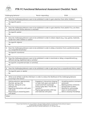 PTR-YC Functional Behavioral Assessment Checklist: Teach