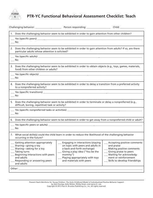 PTR-YC Functional Behavioral Assessment Checklist: Teach