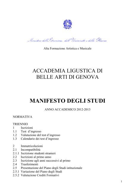 Manifesto degli Studi - Accademia Ligustica di Belle Arti