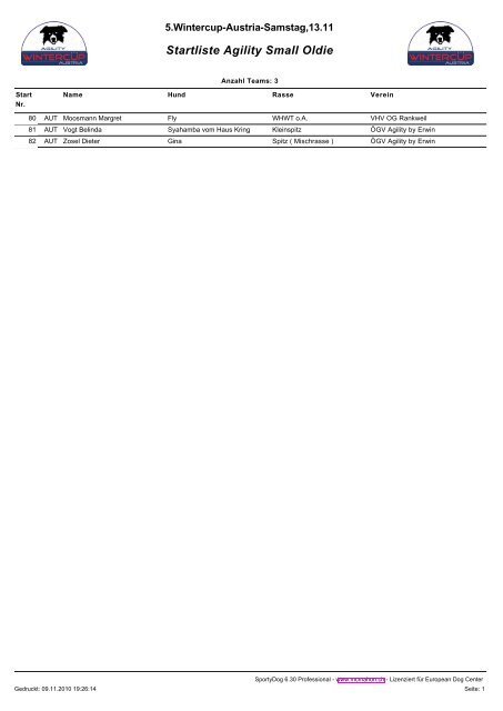 Startnummernliste Samstag 13. November - Wintercup Austria