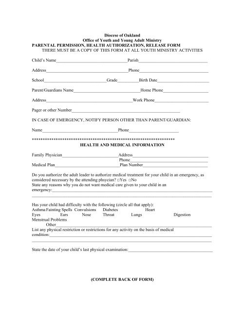 Permission Slip Form - All Saints Church