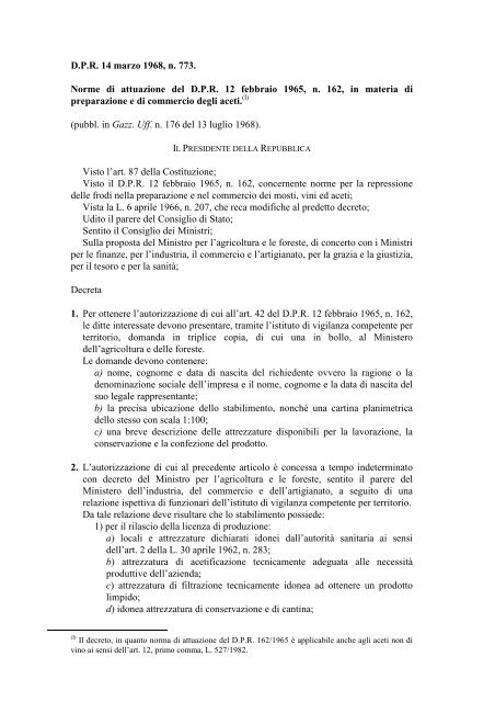 Norme di attuazione del D.P.R. 12 febbraio 1965, n. 162, in ... - Ismea