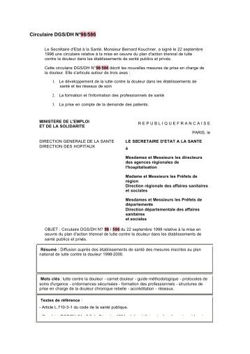 Circulaire DGS/DH NÂ°98/586 - MinistÃ¨re des Affaires sociales et de ...